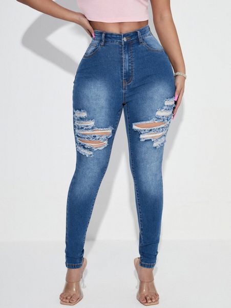 

sxy high waist ripped skinny jeans k3xl#, Blue