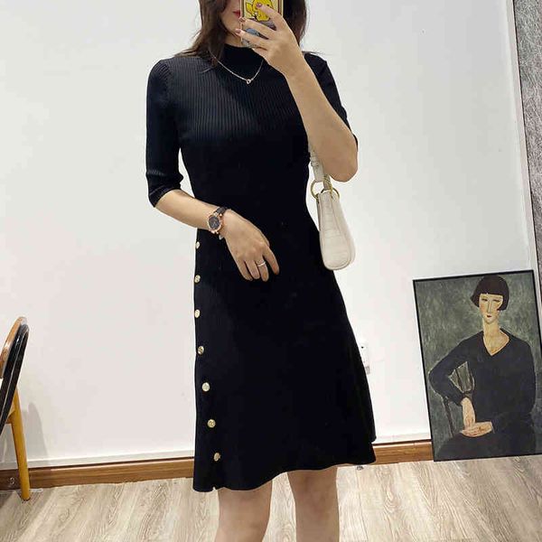 

casual dresses  summer french hepburn style small black skirt knitted dress elegant temperament medium long slim a-line o54t, Black;gray