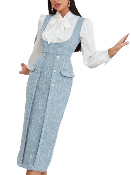 

flap detail double breasted tweed dress without blouse o0h5#, Black;gray