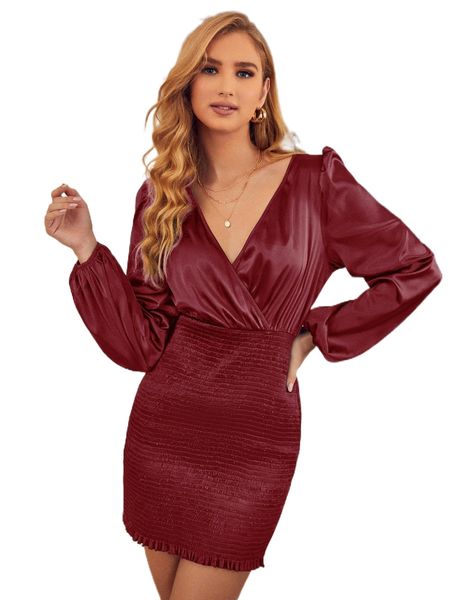 

surplice neck shirred satin bodycon dress n8hr#, Black;gray