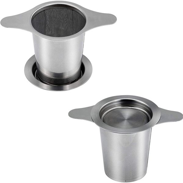 Ferramentas de chá de chá de aço inoxidável Infusor Infuser Malha filtro de café com tampa / coaster dupla alças para bules canecas xbjk2203