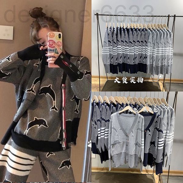 

women's knits & tees designer early spring korean version full body jacquard tb same four bar exotic dolphin knitted sweater cardigan j, White
