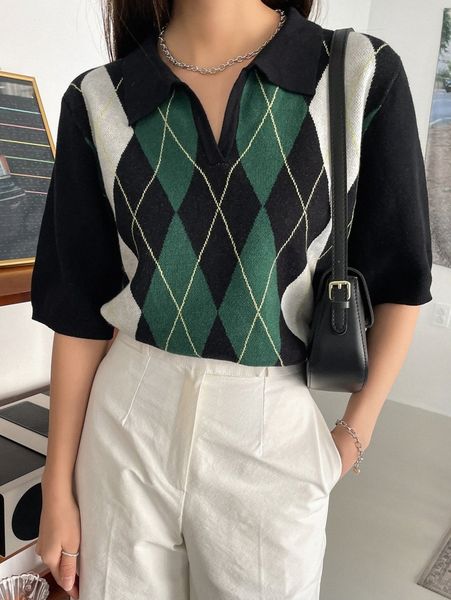 

dazy argyle pattern knit k5ms#, White;black