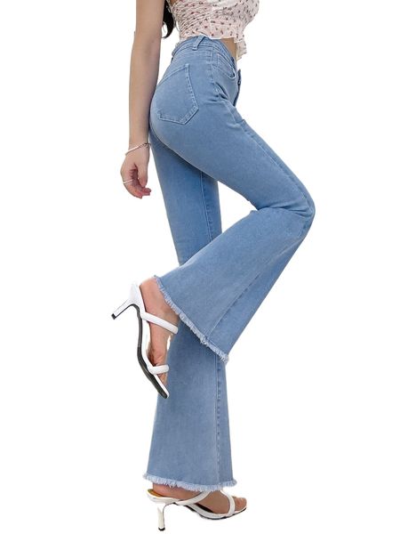 

dazy high waist raw trim flare leg jeans a4ts#, Blue