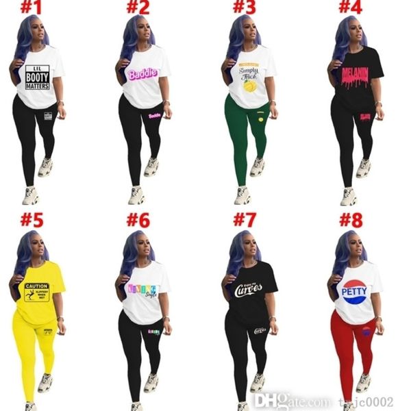 

designers 2022 fall two piece pants set for women printed short sleeve leggings outfits fashion casual matching suits, White