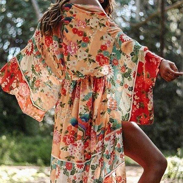 Bohemian Floral impresso frontal aberto verão feminino praia vestir vestido de chiffon túnica sexy sarongues robe de plage pareo q751 220518