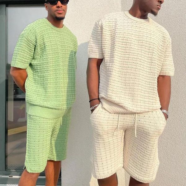 

men's tracksuits summer solid lattice men two piece sets short sleeve o-neck t-shirts drawstring shorts suits for mens clothing casual, Gray