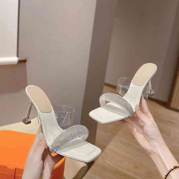 

slippers women's pvc slippers elegant open end high heels crystal decoration summer series, Black