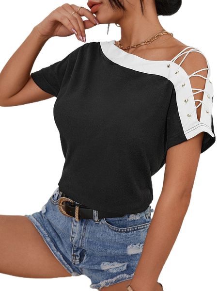 

contrast trim asymmetrical neck grommet crisscross batwing sleeve tee x72o#, White