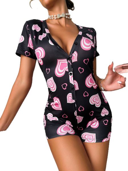 

allover heart print sleep romper n6v5#, Black;red