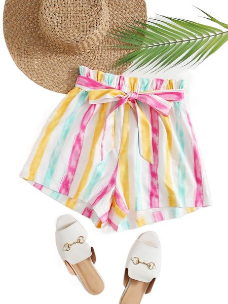 

striped print belted shorts j5a5#, White;black