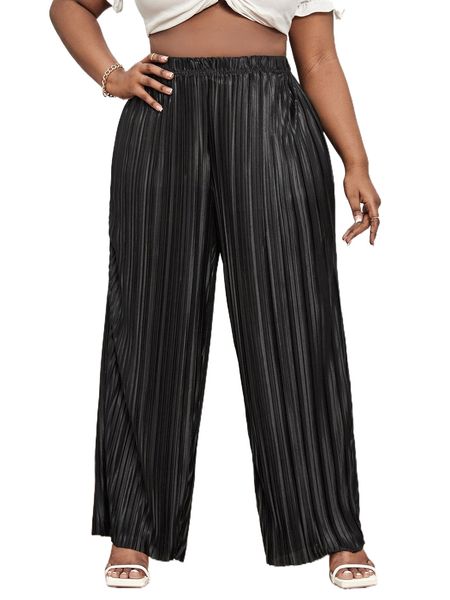 

plus elastic waist wide leg pants x7w1#, Black