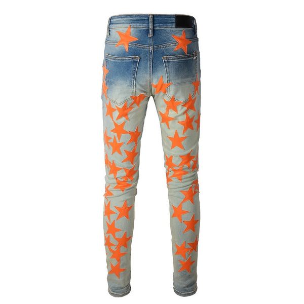 Herren Jeans für Jungs rippen schlanke fit dünne Mannhosen Orange Sternflecken mit Biker Denim Stretch Motorrad Trendy Long gerade Hip Hop mit Loch BlueabvLabvlabvl