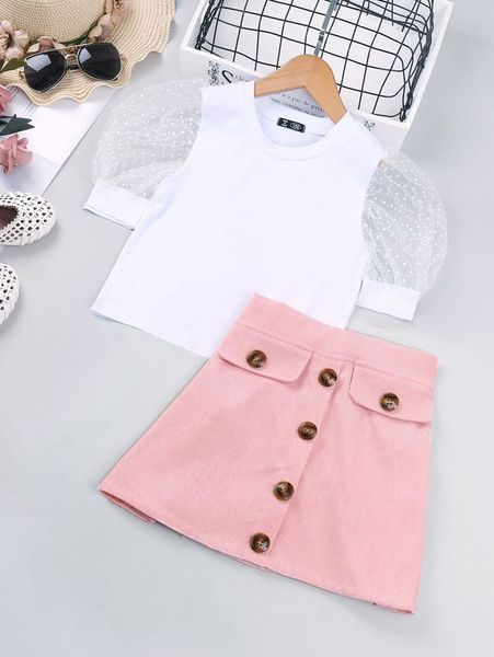 

toddler girls contrast polka dot mesh puff sleeve tee & skirt she, White