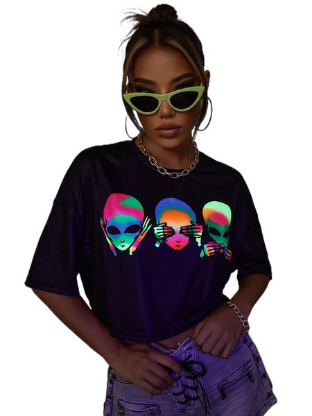 

reflective figure graphic drop shoulder crop tee f7bk#, White