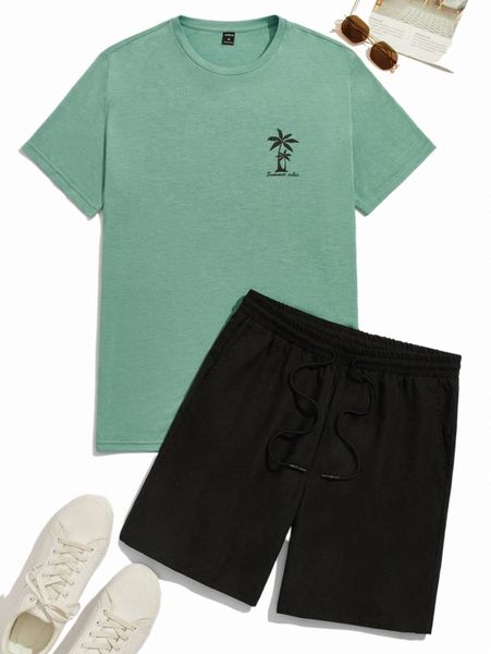 

men palm tree print tee & drawstring waist shorts 80ca#, Gray