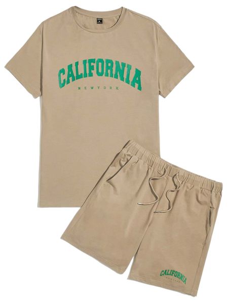 

men letter graphic tee & track shorts set k9zs#, Gray