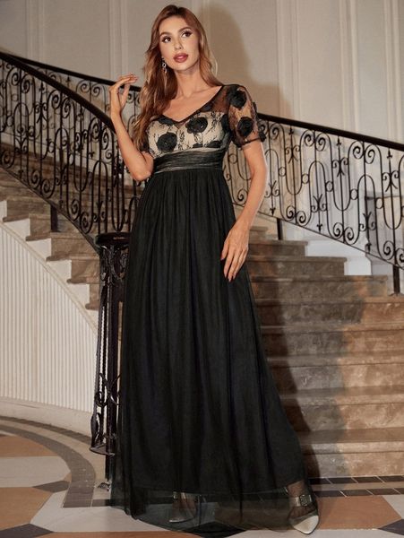 

applique mesh backless a-line dress k2yk#, Black;gray