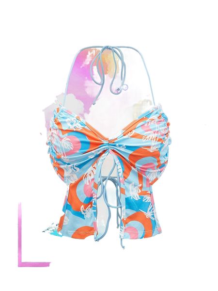 

butterfly & tropical print backless knot drawstring asymmetrical hem halter a7yh#, White