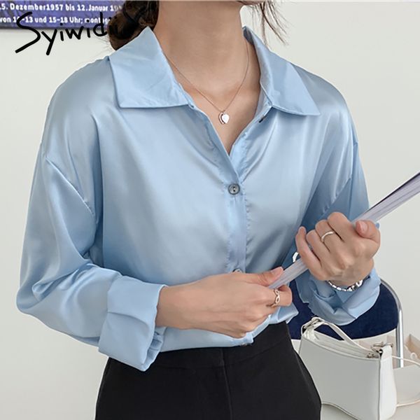 

button up blouse women turndown collar long sleeve loose solid black clothes summer korean fashion shirts 210415, White