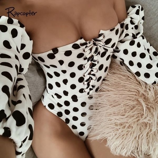 

ropter dot skinny female bodysuits fashion oneshoulder womens loose sleeve body jumpsuits woden casual bodysuit y200401, Black;white