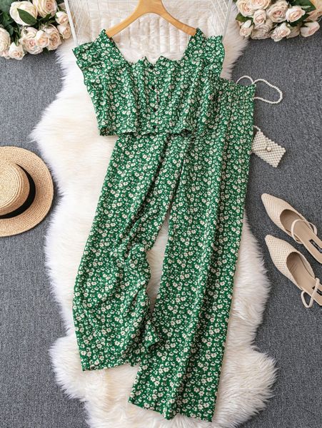 

plus ditsy floral print ruffle trim & pants y4vs#, Black