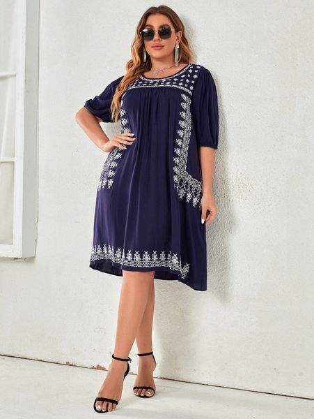 

plus geo print bishop sleeve dress 93wh#, Black