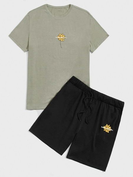

men floral & slogan graphic tee & drawstring shorts 28hp#, Gray