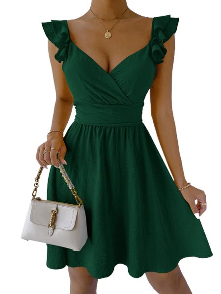 

ruffle trim surplice neck tie back dress 26mj#, Black;gray