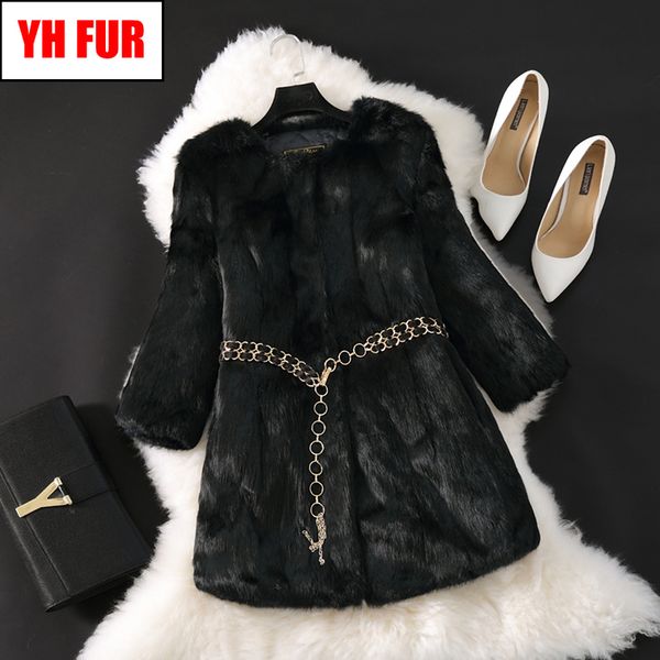 

long style winter women real genuine rabbit fur jackets slim warm soft real rabbit fur overcoat full pelt female rabbit fur coat 201103, Black