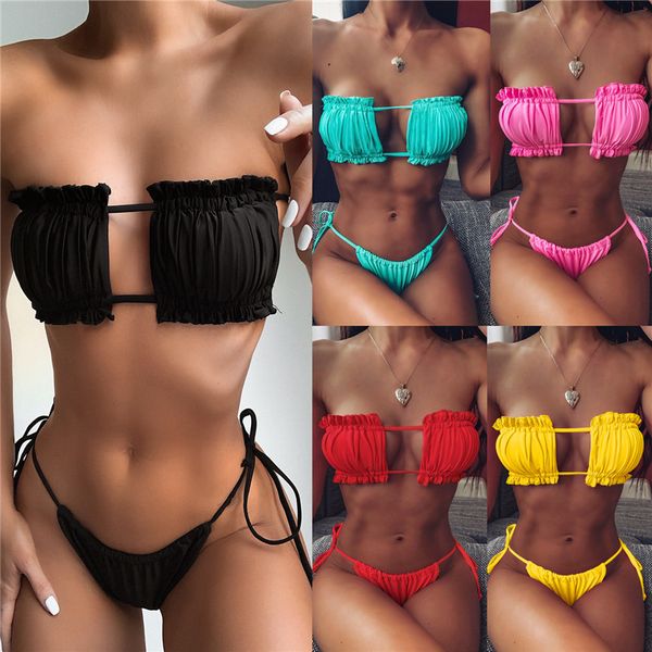 

summer women push up bikinis set solid color strapless ruffles bathing suits for women bandage padded beach swimwear lady, Black;white
