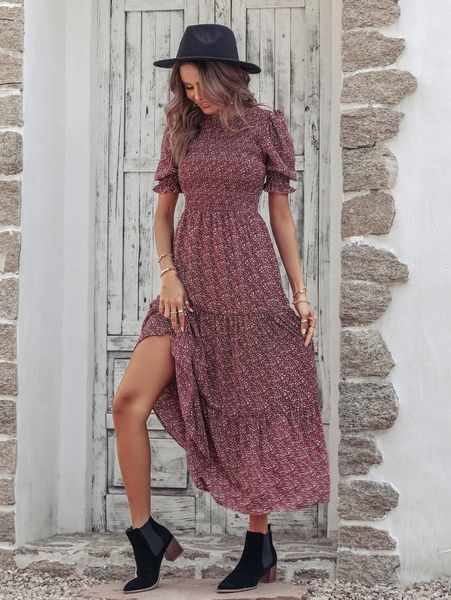 

ditsy floral print puff sleeve ruffle hem dress f78p#, Black;gray