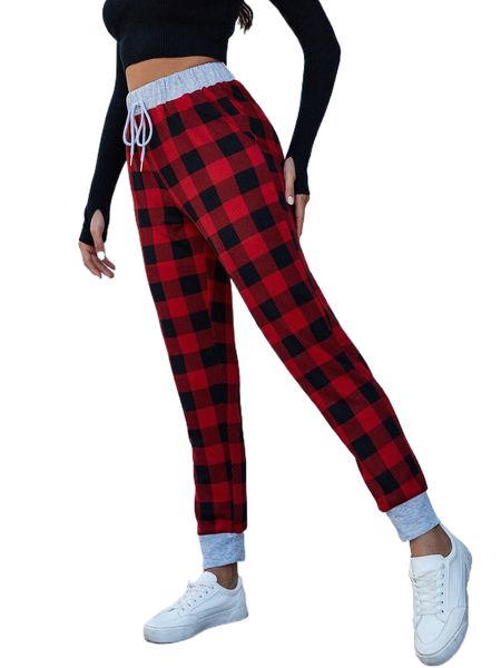 

dearcase buffalo plaid print drawstring waist sweatpants w88d#, Black;white