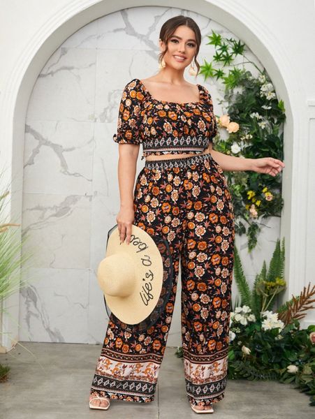 

plus floral print crop & wide leg pants set g25f#, Black
