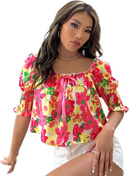 

floral print shirred flounce sleeve o5jw#, White