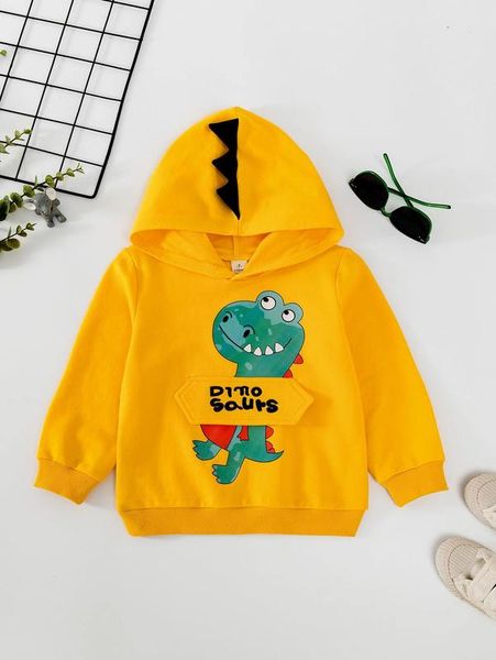 

toddler boys letter & dinosaur print 3d patched hoodie she, Black