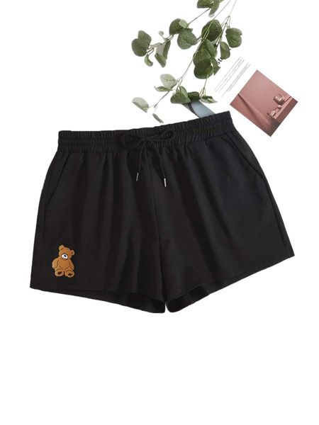 

plus bear print drawstring waist shorts 45y0#, Black