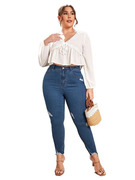 

plus high waist ripped frayed hem skinny jeans g1wp#, Blue