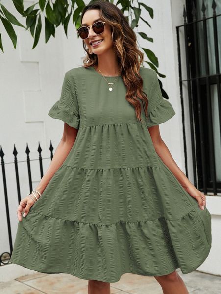 

solid flounce sleeve smock dress y4j2#, Black;gray