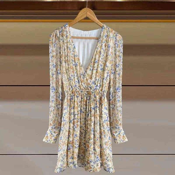 

casual dresses spring and summer french pastoral v-neck gentle broken flower elastic waist long sleeve dress women, Black;gray