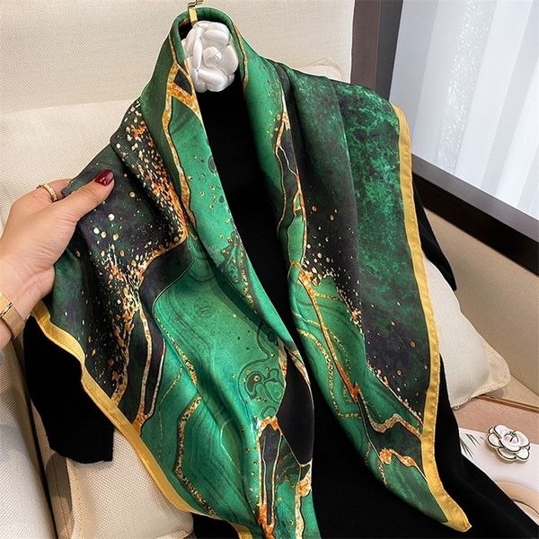 

spring and autumn luxury brand green fashion square scarf women's silk scarf 90x90 gauze dual-use shawl sunscreen scarf 220511, Blue;gray