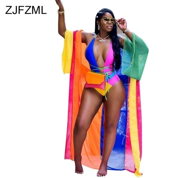 ZJFZML Farbblock Sexy 2 Zweiteiliges Set Frauen Tiefem V-ausschnitt Mantel BodysuitVolle Hülse XLong Mantel Sommer Strand Outfit T200325