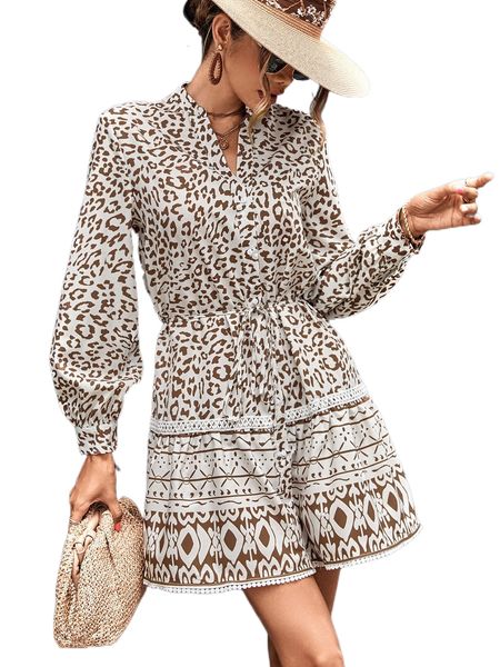 

leopard print belted notched neck dress f0ds#, Black;gray