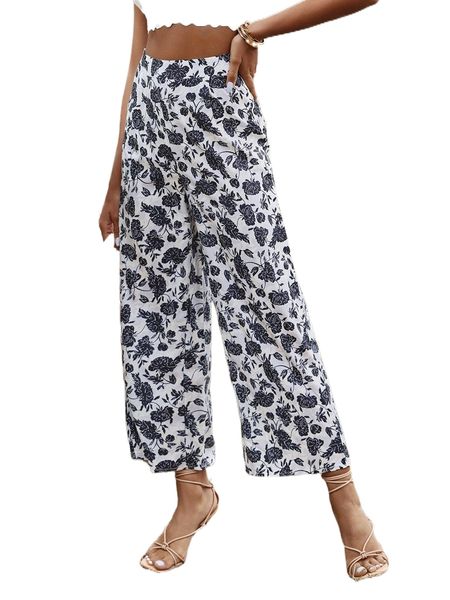 

allover floral print wide leg pants 51qs#, Black;white