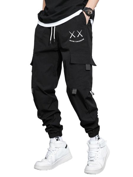 

men letter & expression print flap pocket drawstring waist cargo pants 28yc#, Black