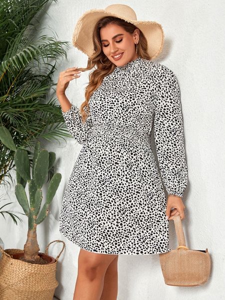 

plus allover print shirred waist dress e6vt#, Black