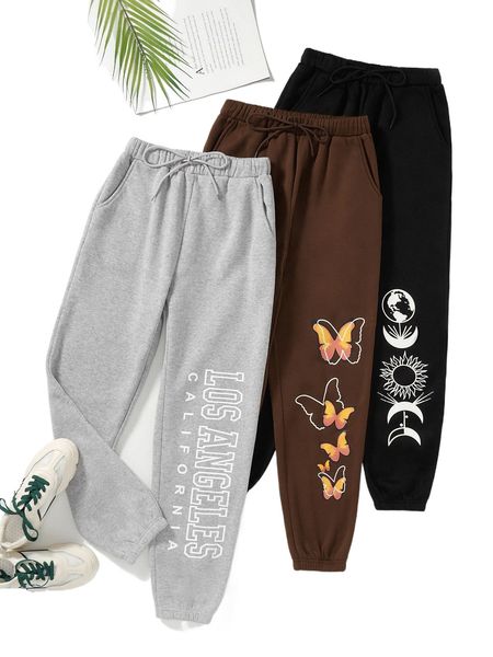 

3pcs letter & butterfly print thermal lined sweatpants 97rf#, Black;white