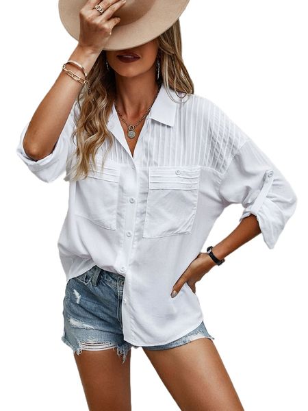 

press crease detail roll tab sleeve shirt v35w#, White