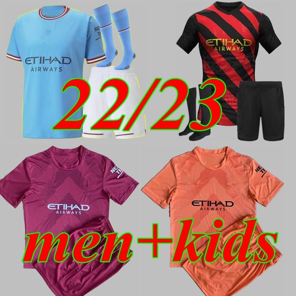 

22 23 haaland soccer jerseys grealish sterling mans cities mahrez fans player version de bruyne foden 2022 2023 football shirt kids kit set, Black;yellow