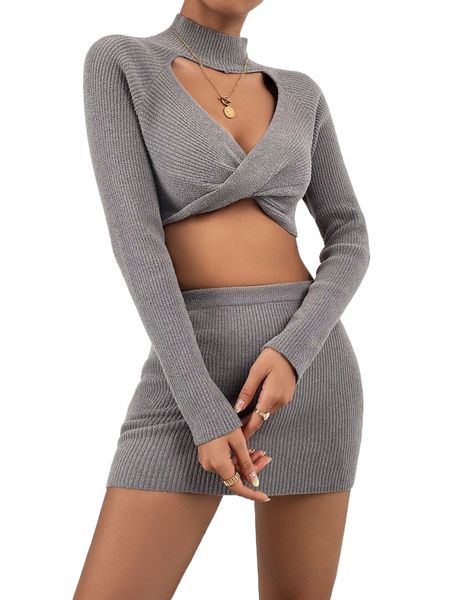 

twist front mock neck sweater & knit skirt q6az#, White;black